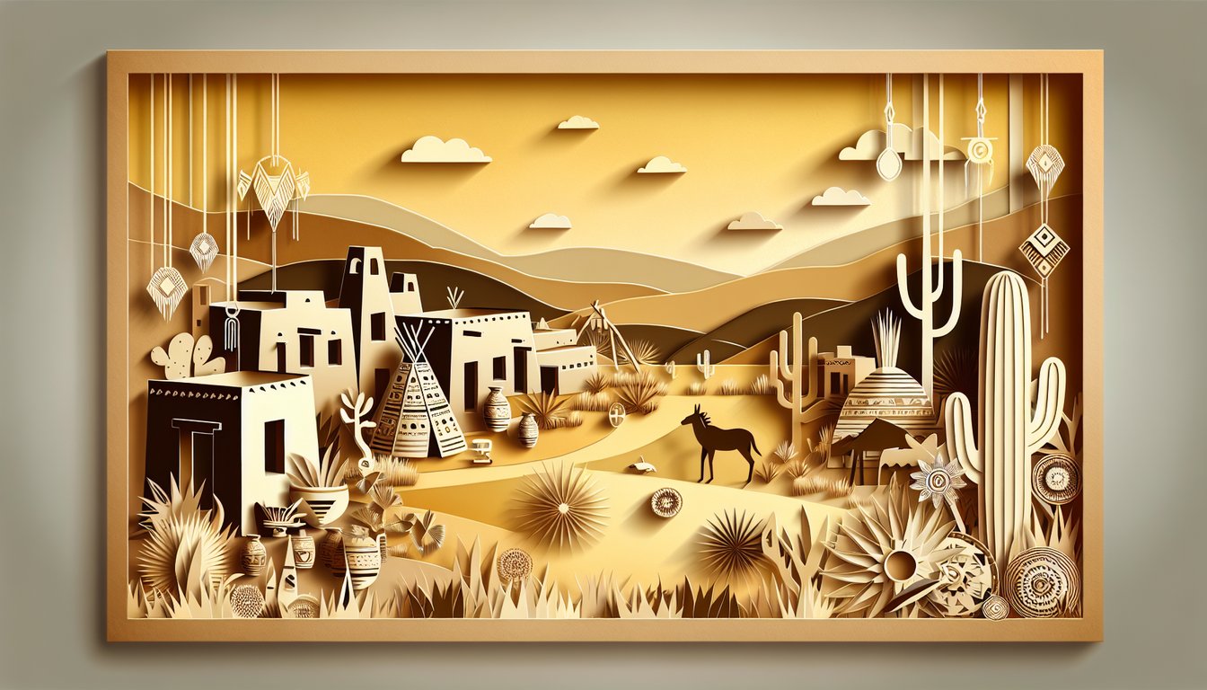 Layered paper cut featuring desert cacti pottery feathers tribal patterns and turquoise motifs on golden yellow background