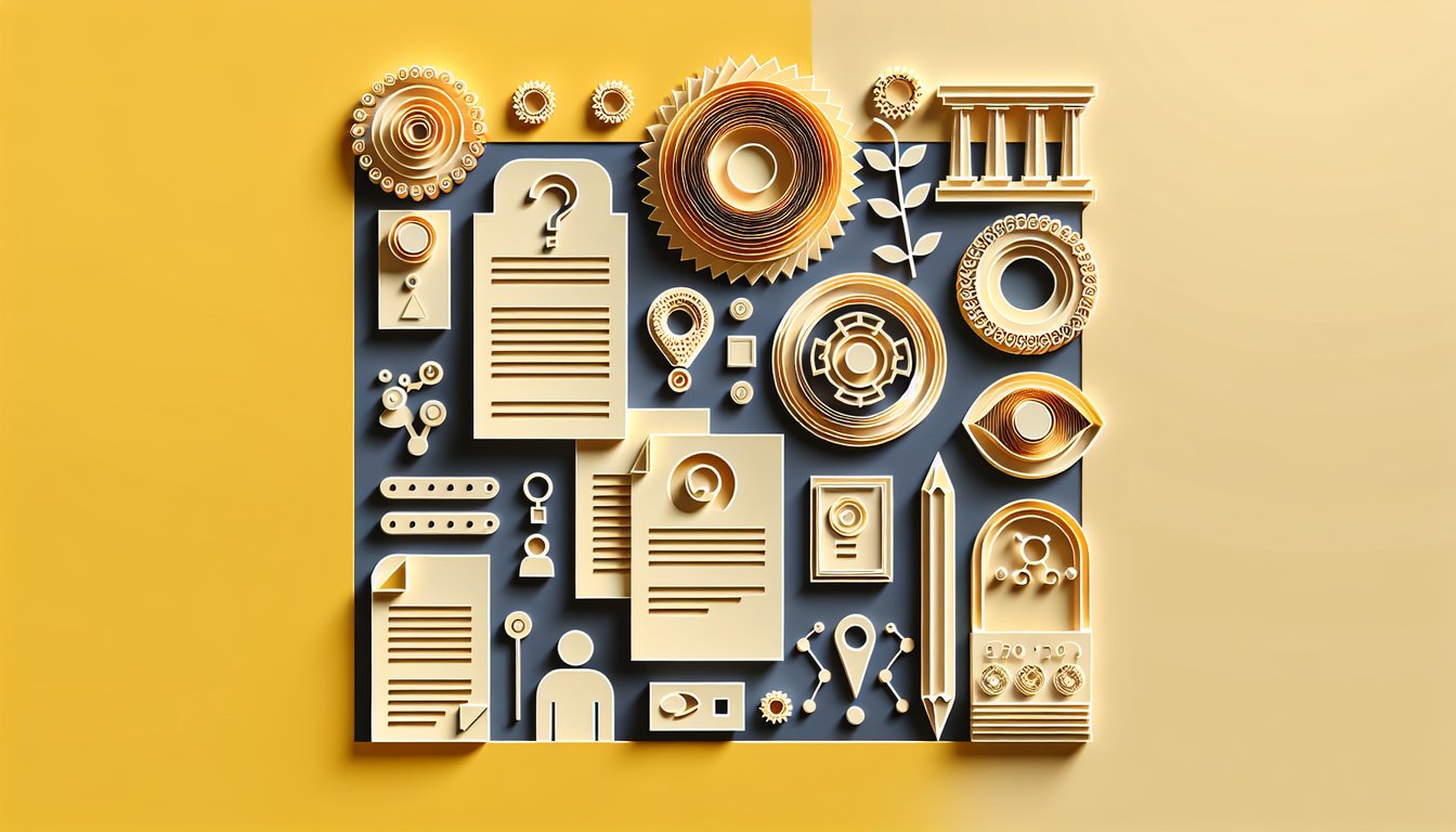 Paper cut art quiz for mastering adjective clauses with who whom that on golden yellow background, playful question icons