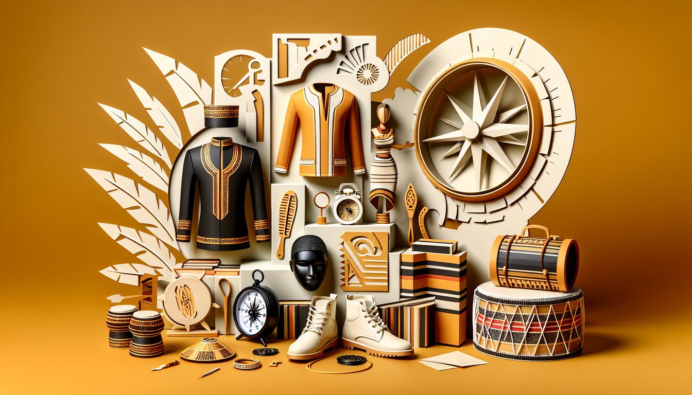 Paper art illustration with bold name tags and abstract shapes on golden yellow background for black name generator quiz