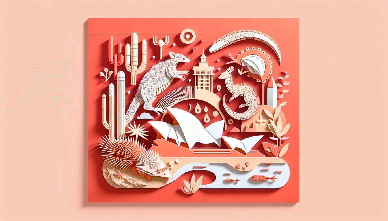 Paper art map of Australia with trivia icons on coral background for free Australia history and culture quiz
