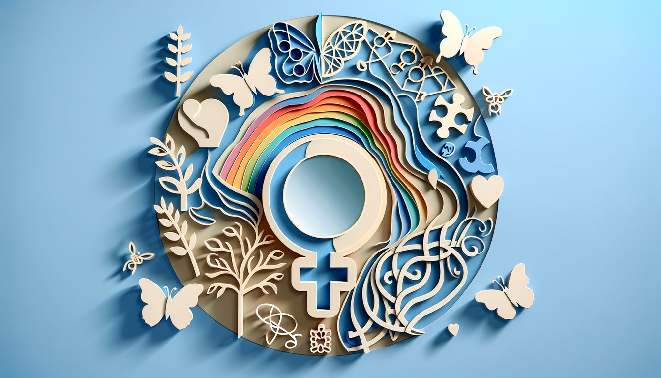 Paper art illustration for gender identity quiz on sky blue background