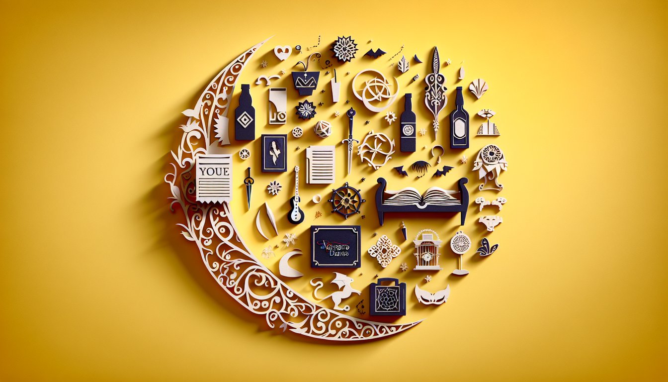 Paper art illustration for Vampire Diaries personality quiz on a golden yellow background