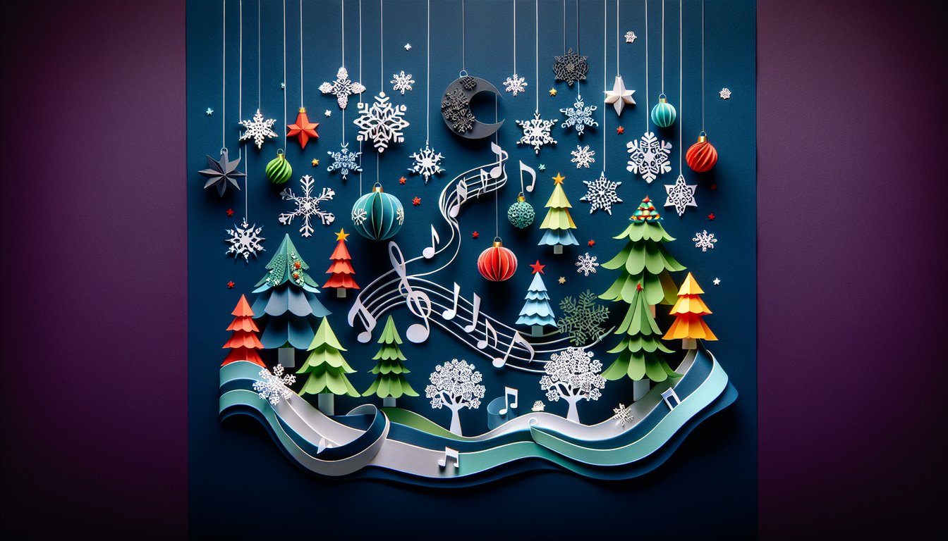 Colorful paper art promoting a fun Christmas Songs Trivia Quiz.