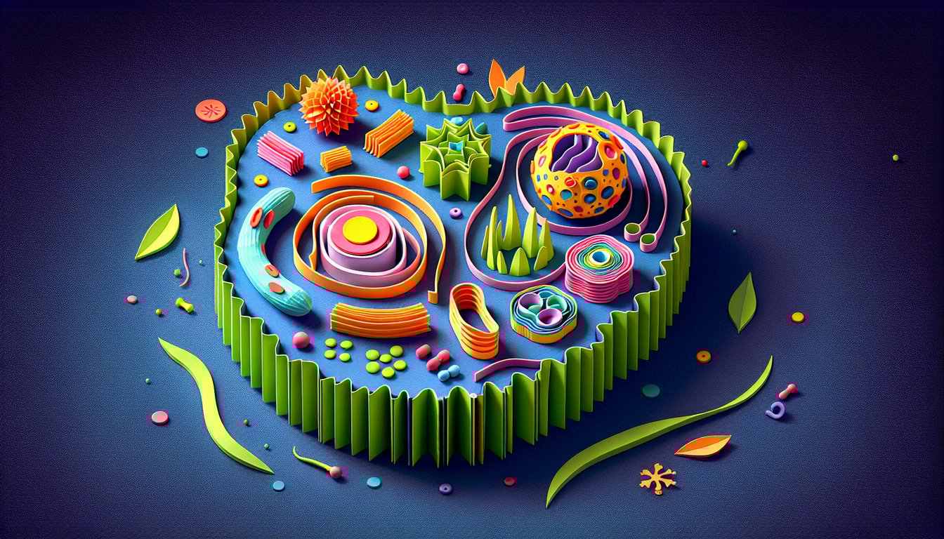 Paper art depicting a trivia quiz for middle school biology students on plant and animal cell structures.
