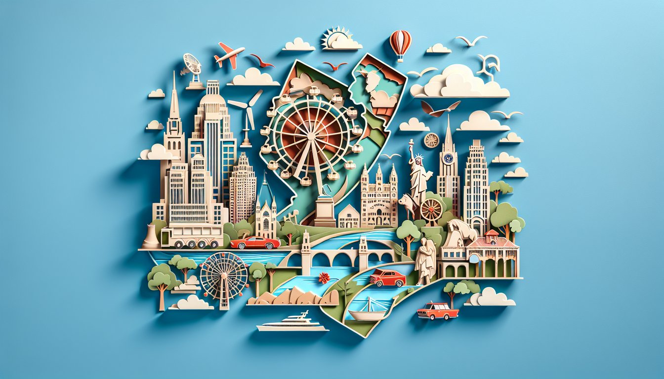 Paper cut style illustration showing New Jersey outline landmarks symbols on sky blue background for trivia quiz