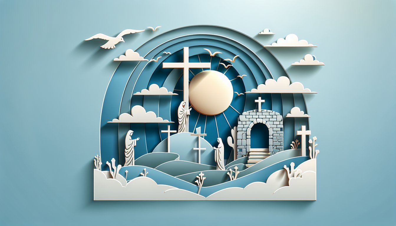 Paper art cross nails thorns, open Bible on sky blue background for Matthew 27-28 crucifixion resurrection quiz