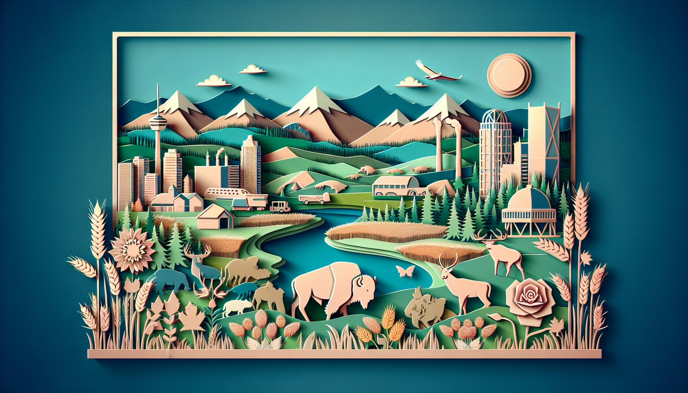 Paper art illustration for Alberta facts quiz on a teal background