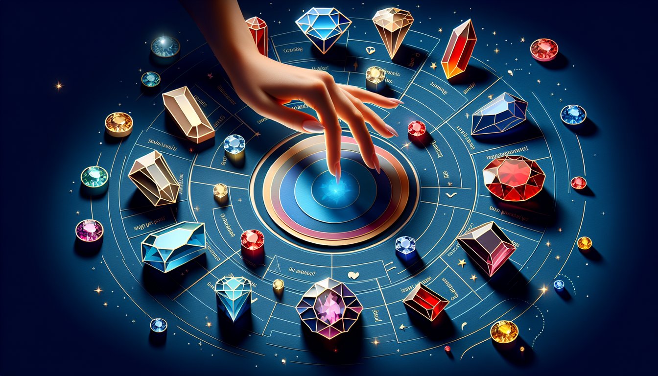 Colorful layered paper gemstones and quiz text on dark blue background inviting users to discover their inner gem.