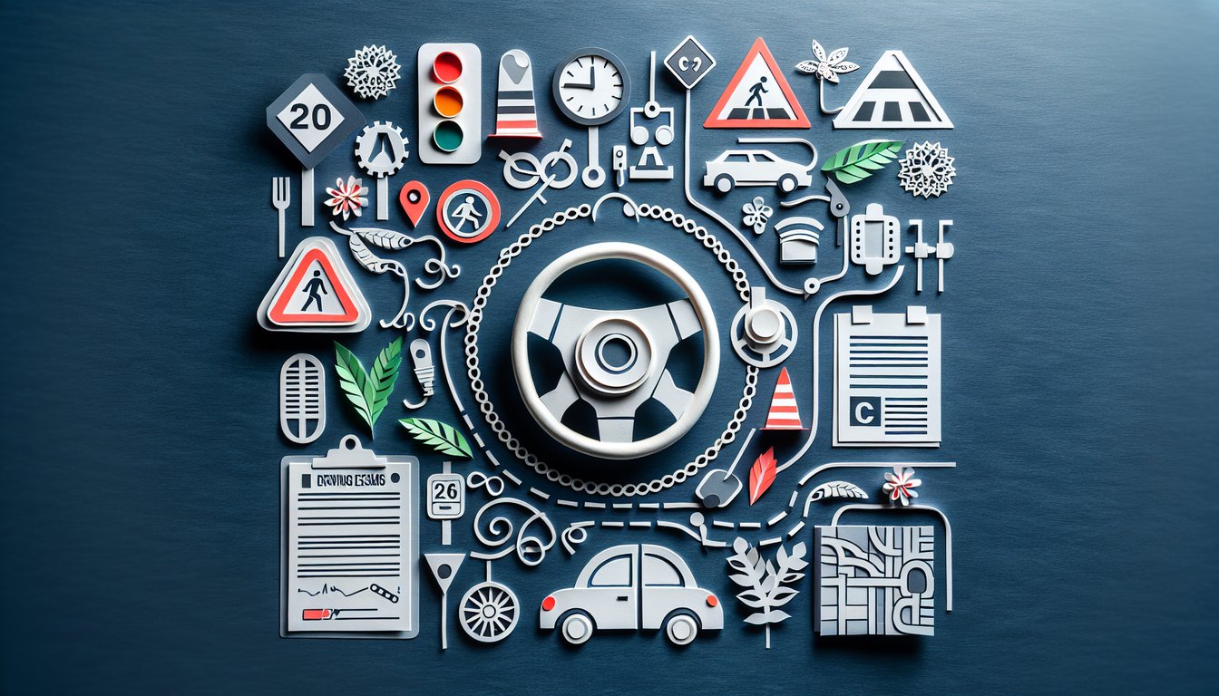 Colorful paper art promoting Illinois Road Rules quiz for high school students and aspiring drivers.