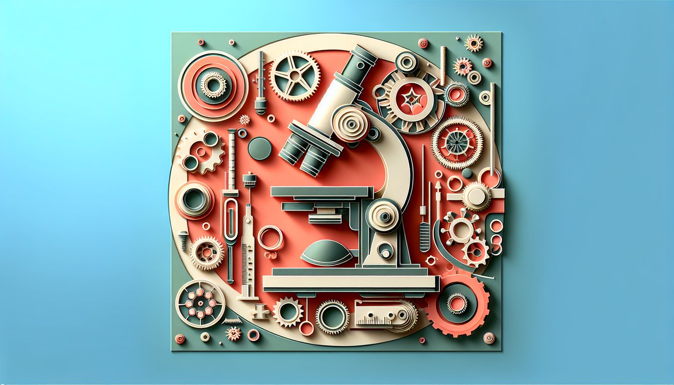 paper art microscope components including eyepiece objective lens stage and knobs on coral background