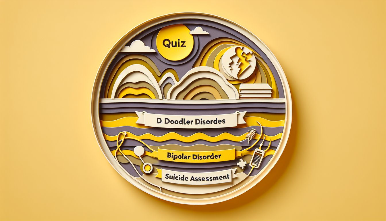 Paper art illustration of human profiles mood icons for bipolar disorder suicide assessment on golden yellow background