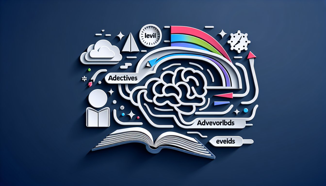 Paper art illustration with cutout letters forming quiz title Adjective or Adverb Challenge on dark blue background