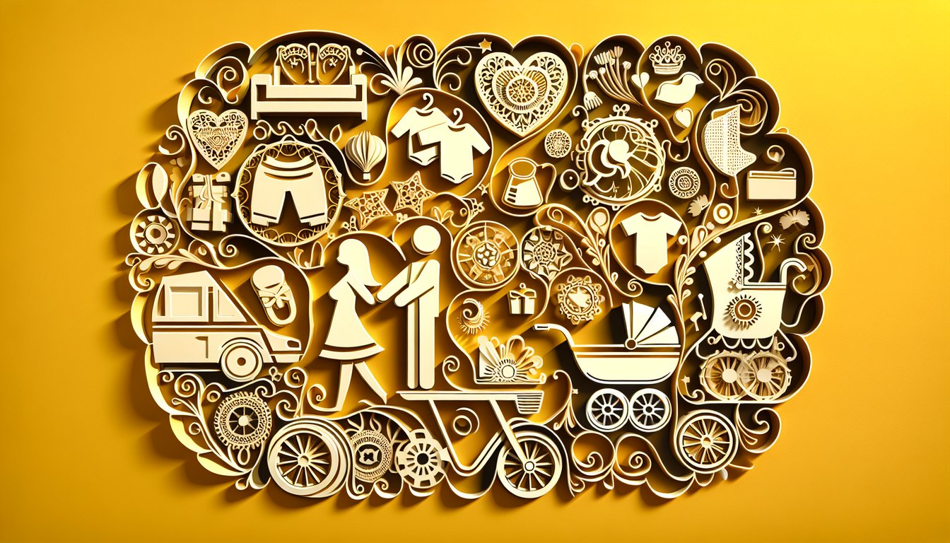 Paper cut style parents holding a baby with checklist icons and playful shapes on a golden yellow background.