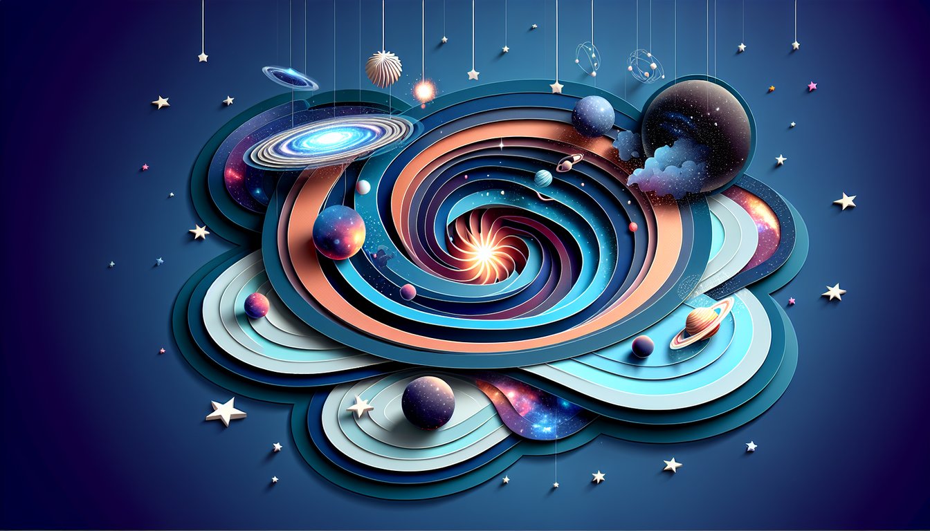 Paper art style cosmic scene with planets stars galaxies dark matter swirl and big bang burst on dark blue background