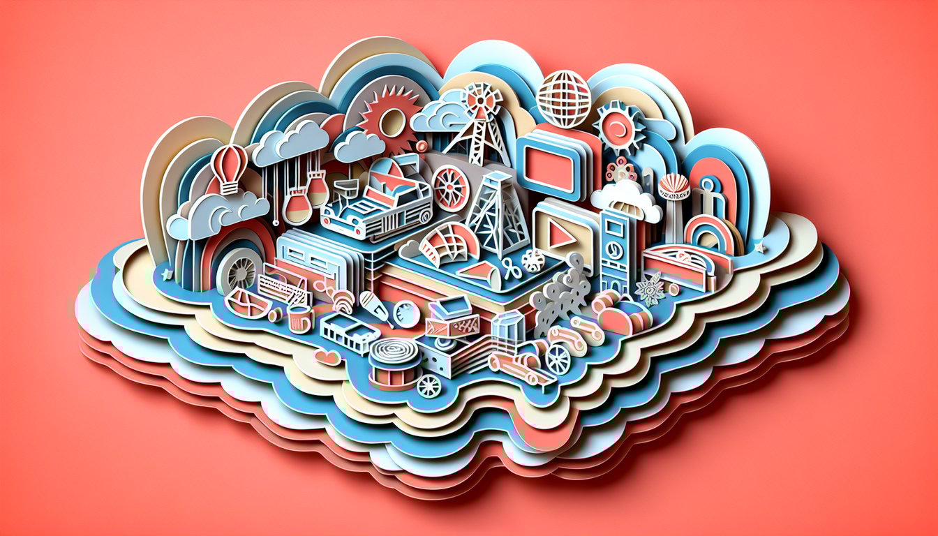 paper cutout style laptop, quiz elements, question marks, pencils, playful shapes on coral background