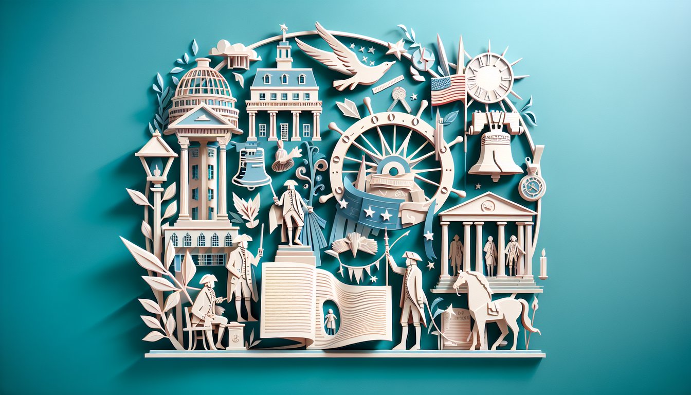 Paper art illustration showing quiz cards, US flag, history icons, compass and quill pen on teal background