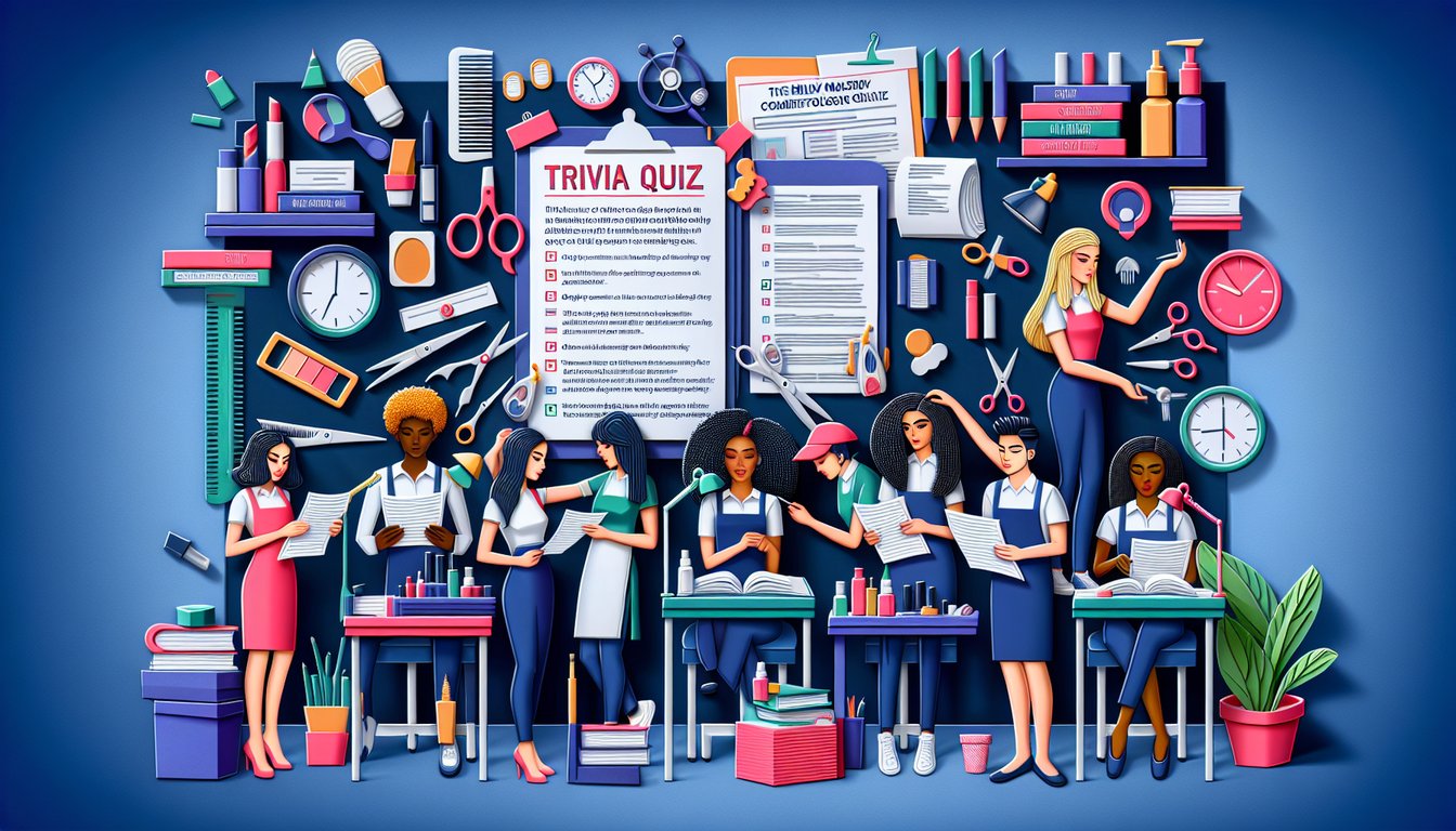 Paper art representing a trivia quiz challenging cosmetology students knowledge and readiness for professional exams.
