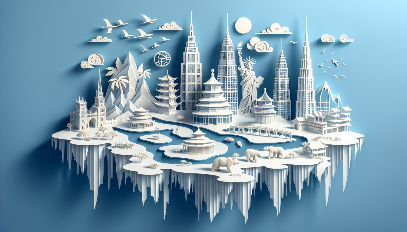 Paper art globe with country shapes and cultural icons on sky blue background for geography trivia quiz