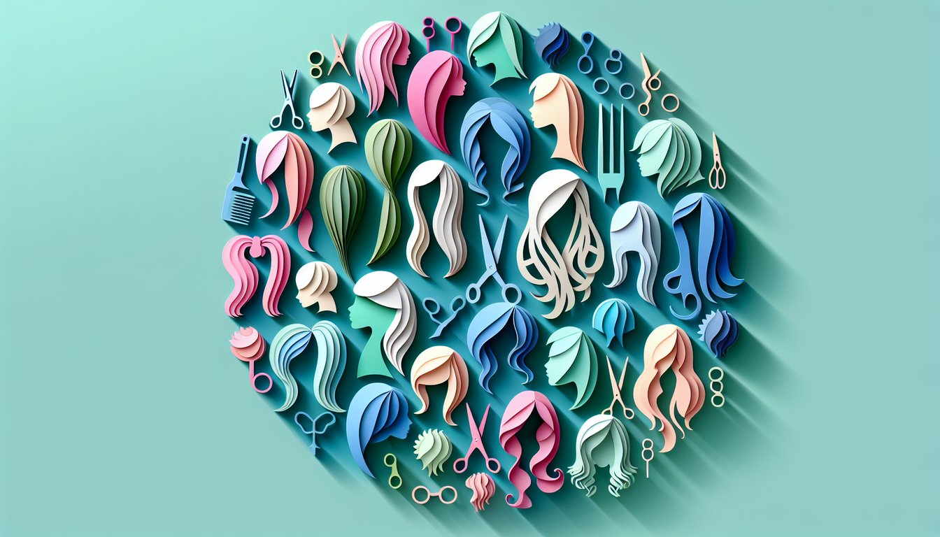 Paper art illustration for hair dye color quiz on a teal background