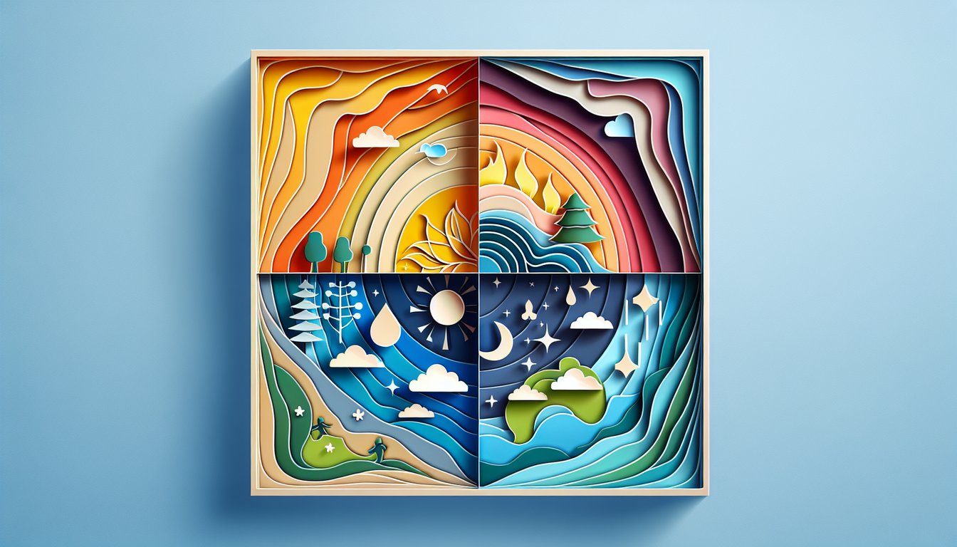 Paper cut style four faces representing sanguine, choleric, melancholic, phlegmatic on sky blue background quiz prompt