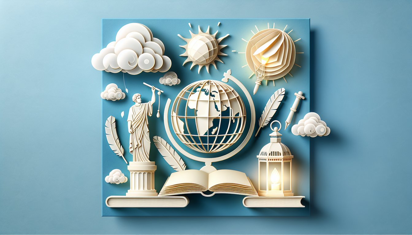 Paper art illustration for philosopher personality quiz on sky blue background