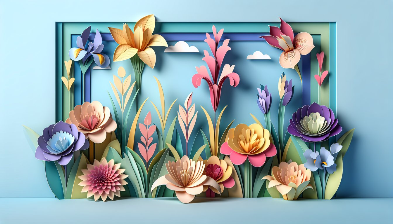 Paper art flowers iris gladiolus and other blooms on sky blue background with quiz title text.
