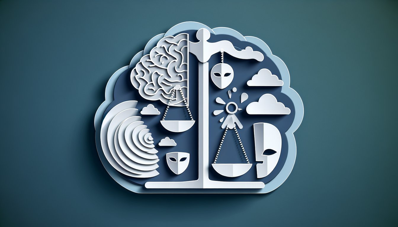Paper art illustration for mental health quiz on dark blue background