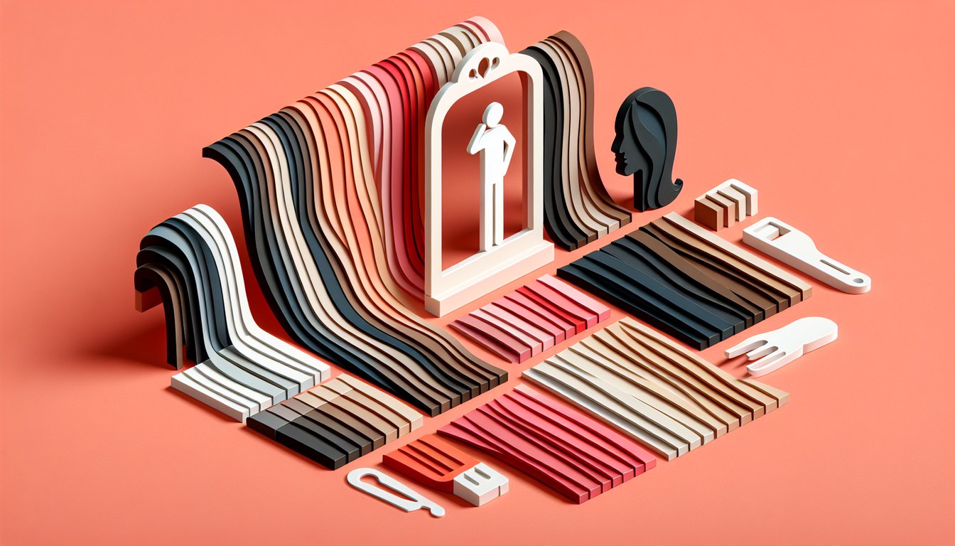 paper art illustration of hair silhouettes and discover hair colour quiz on coral background