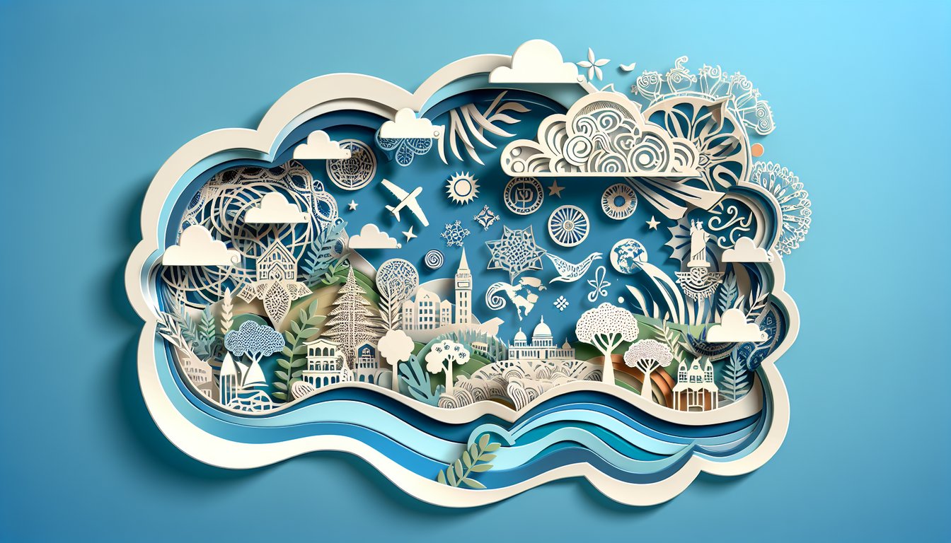 Paper art illustration of interlocking family crests and letters floating on a sky blue background for surname quiz.