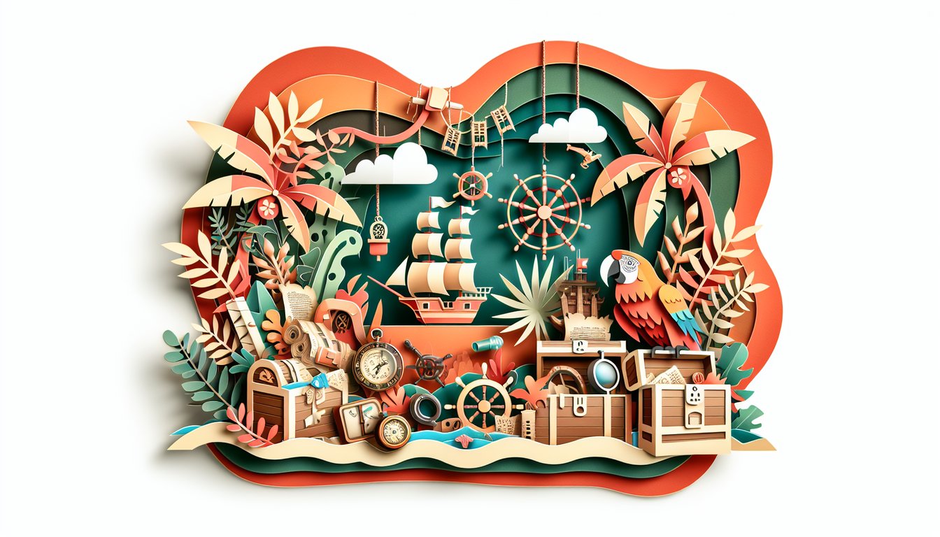 Paper art illustration for Pirates of the Caribbean personality quiz on a coral background