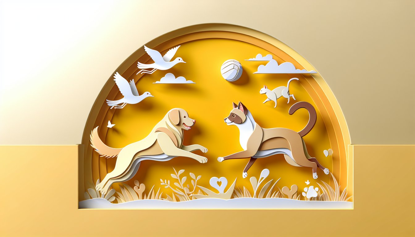 Paper art illustration for pet personality quiz with Team Dog and Team Cat on golden yellow background