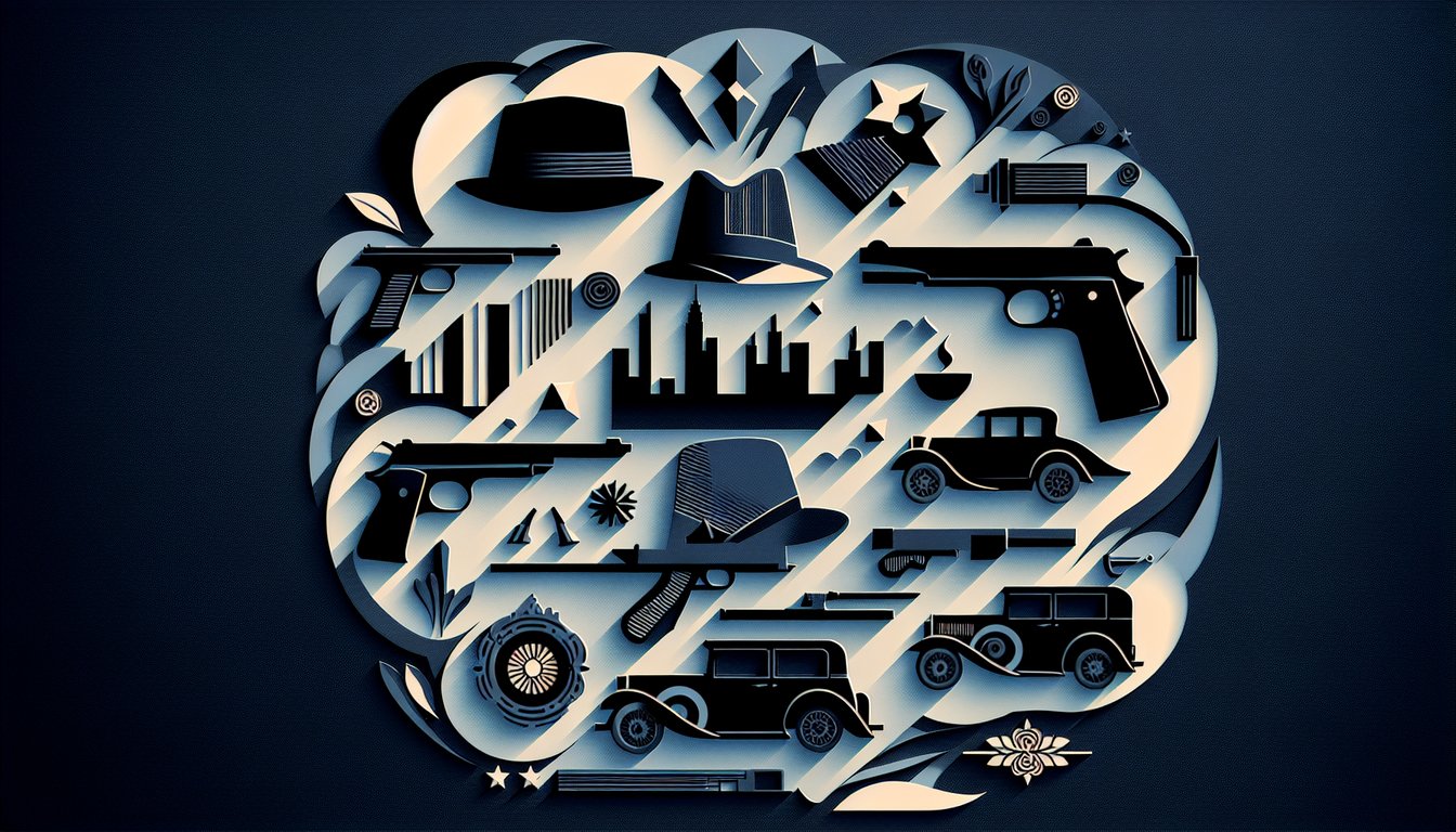 Paper art collage mob trivia challenge featuring cutout figures of Al Capone and John Gotti on dark blue background