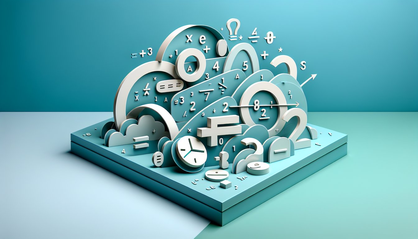 Paper art of algebraic expressions on layered paper shapes over teal background for translation quiz