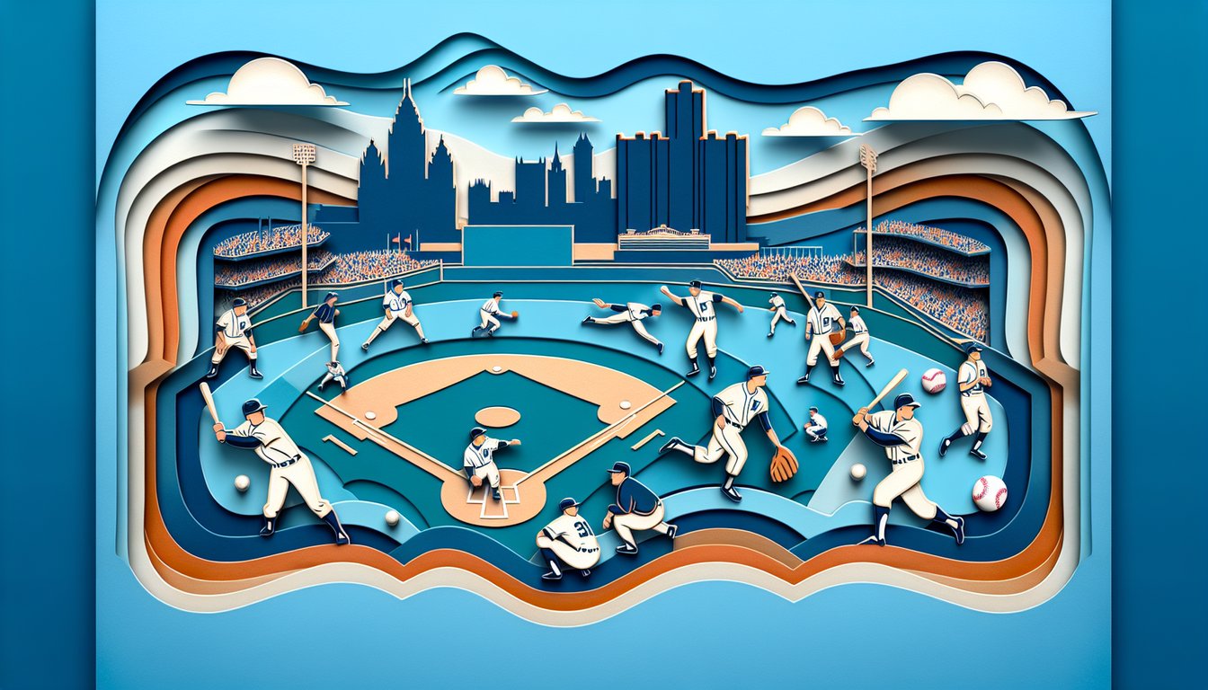 Paper art baseball scene with Detroit Tigers mascot bat glove ball quiz title in bold orange on sky blue background
