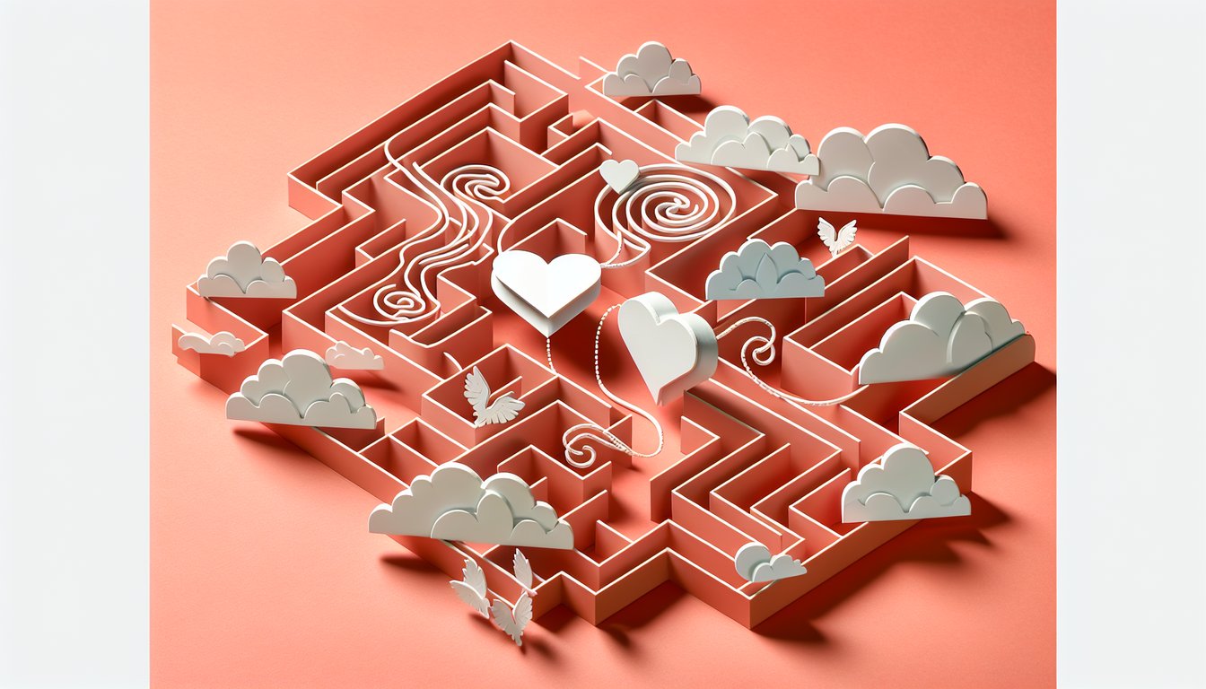 Paper art illustration for quiz on emotional infidelity signs and status on a coral background