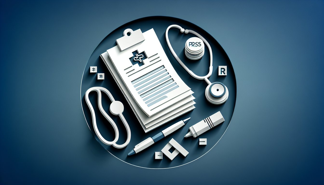 paper art illustration featuring medical scribe quiz elements on dark blue background, with sheets pens stethoscope icons