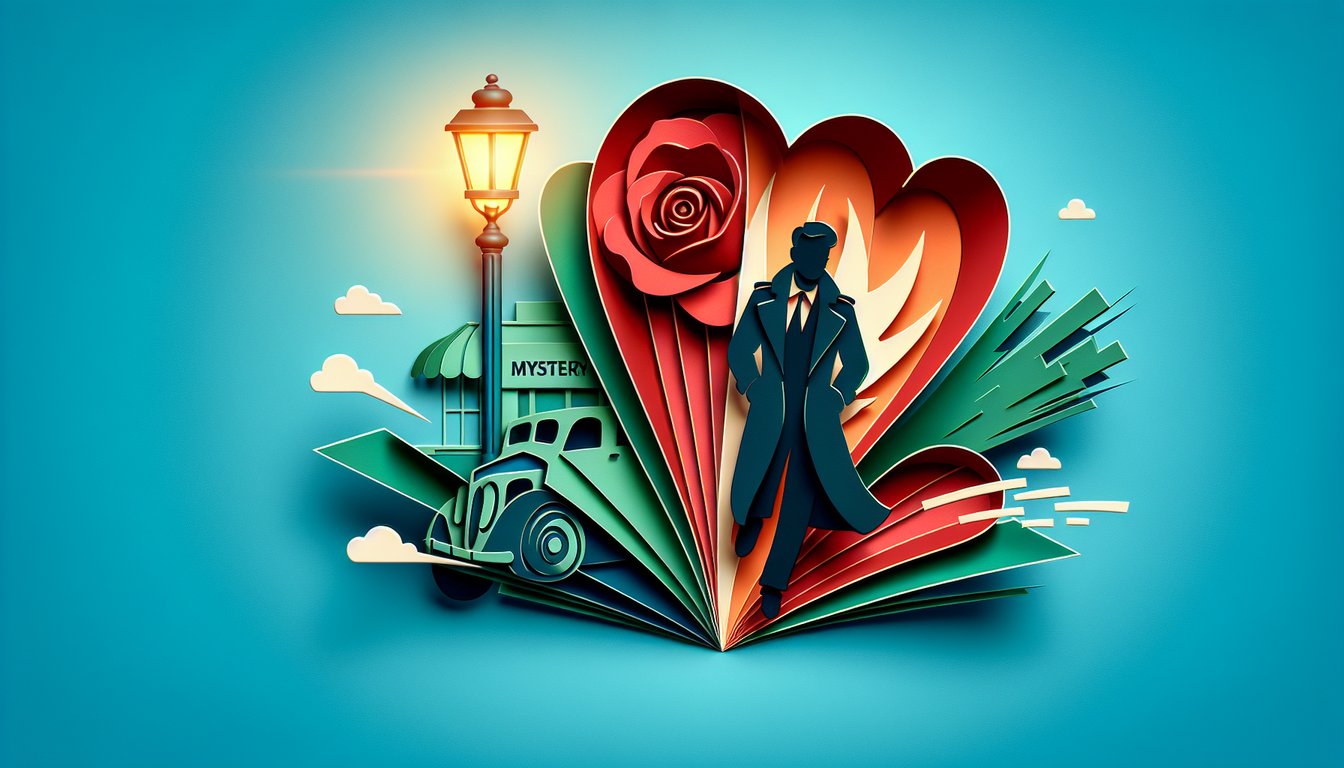 Paper collage on teal background showing magnifying glass heart and burst icons representing mystery romance action quiz