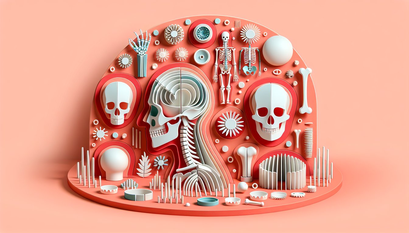 Paper art axial skeleton showing skull spine ribs and vertebrae on coral background for cranial and vertebral bone quiz