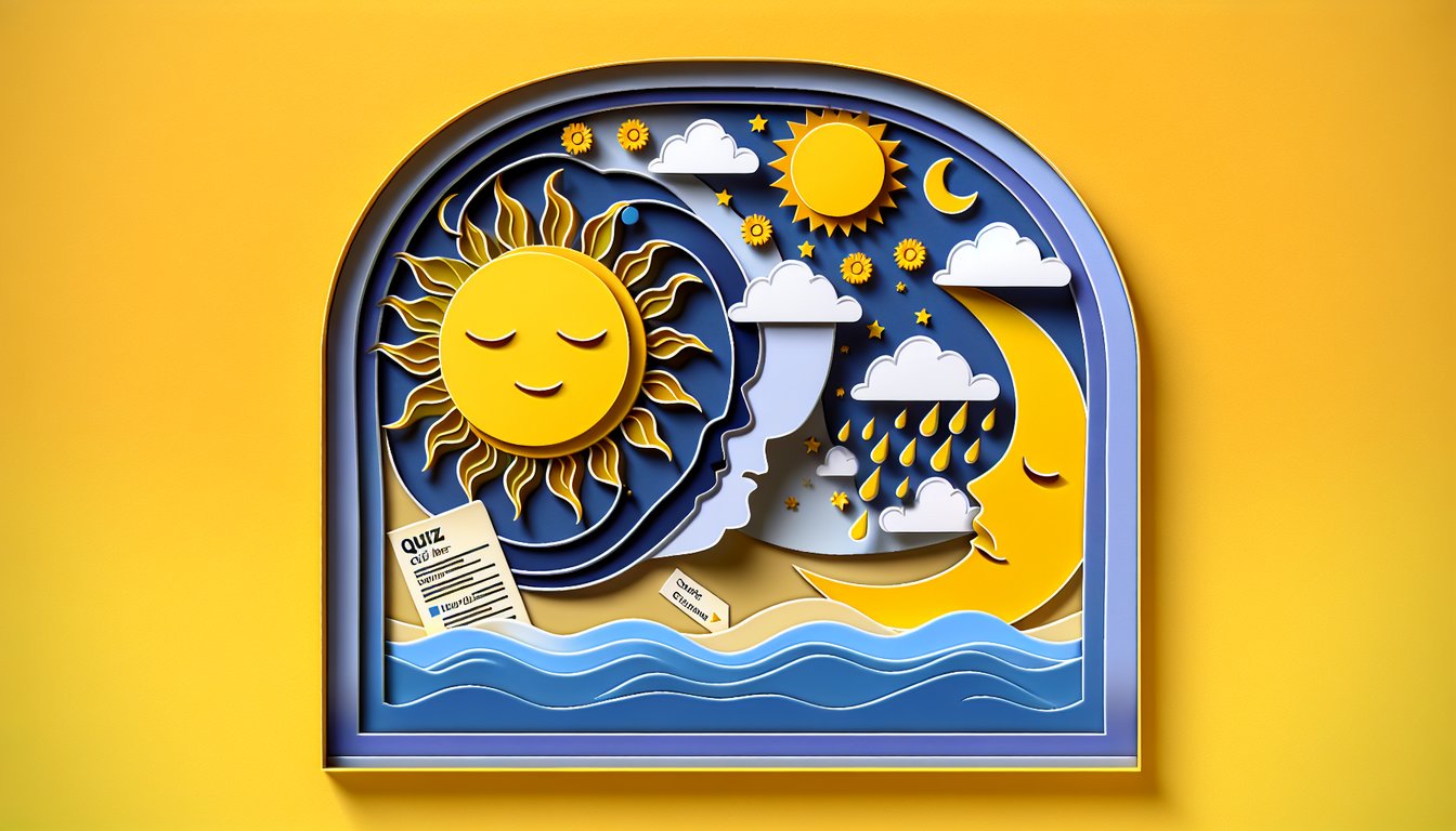 Paper art illustration of split brain in bright and dark colors above quiz text on golden yellow background