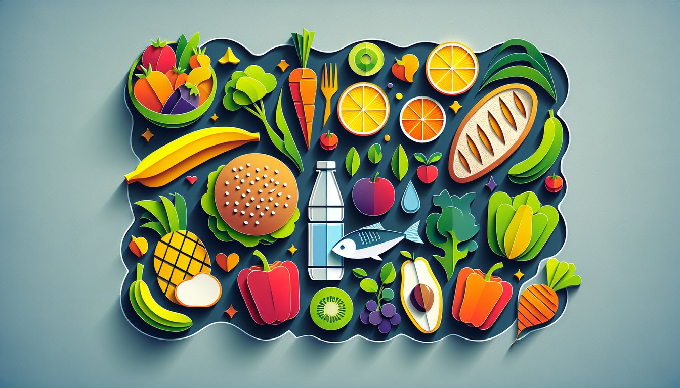 Paper art fruits vegetables utensils on dark blue background for healthy eating quiz testing nutrition knowledge