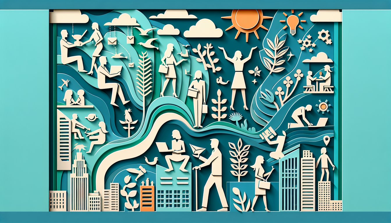 Paper art illustration shows diverse career icons around a happy person on teal background for a job happiness quiz
