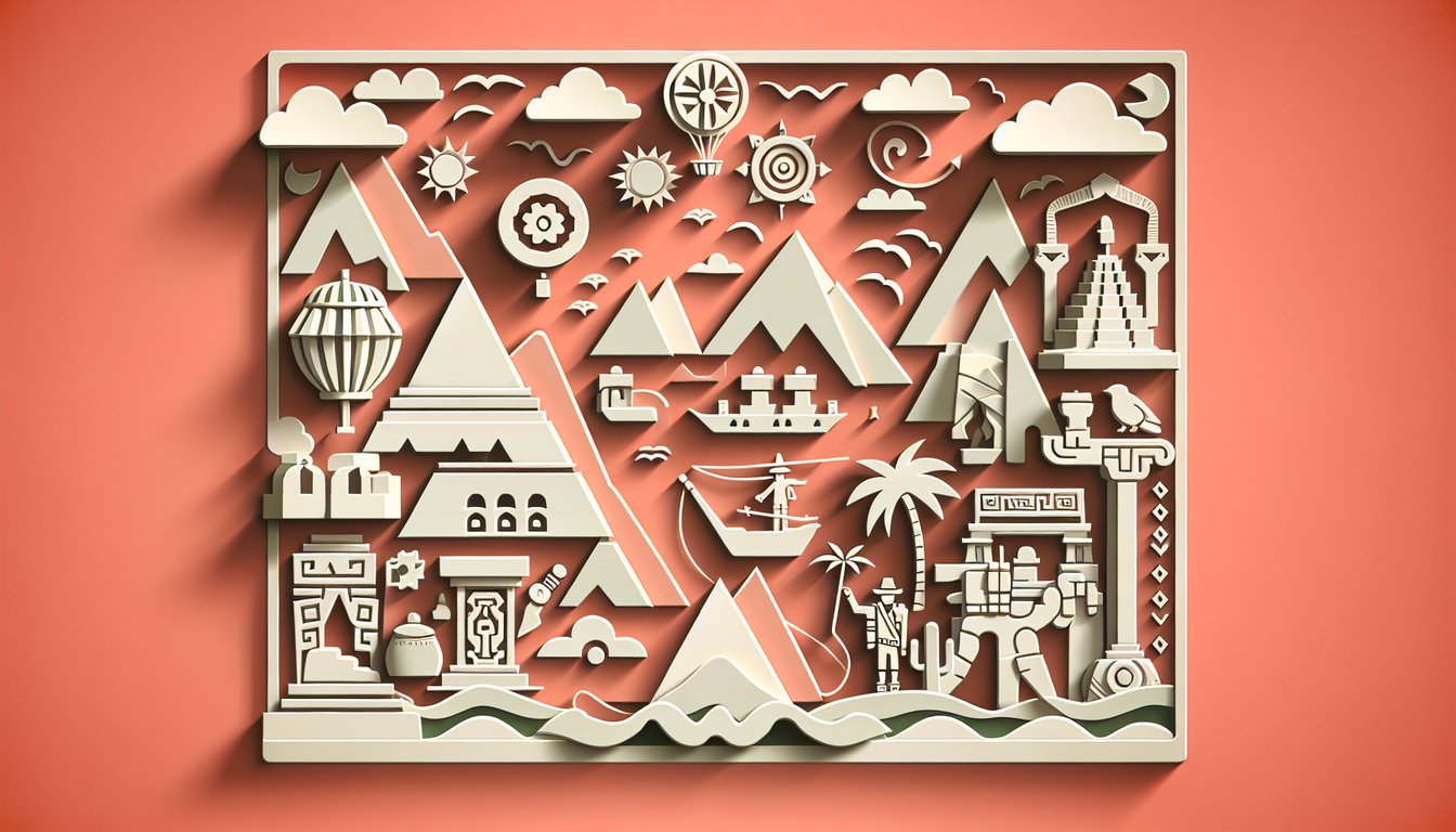 Paper art illustration of explorer hat and whip jungle elements on coral background for Raiders of the Lost Ark quiz