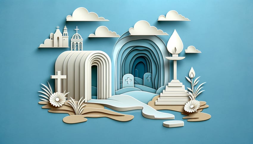 paper art of open tomb with stone rolled aside and reaching hands above Bible pages on sky blue background