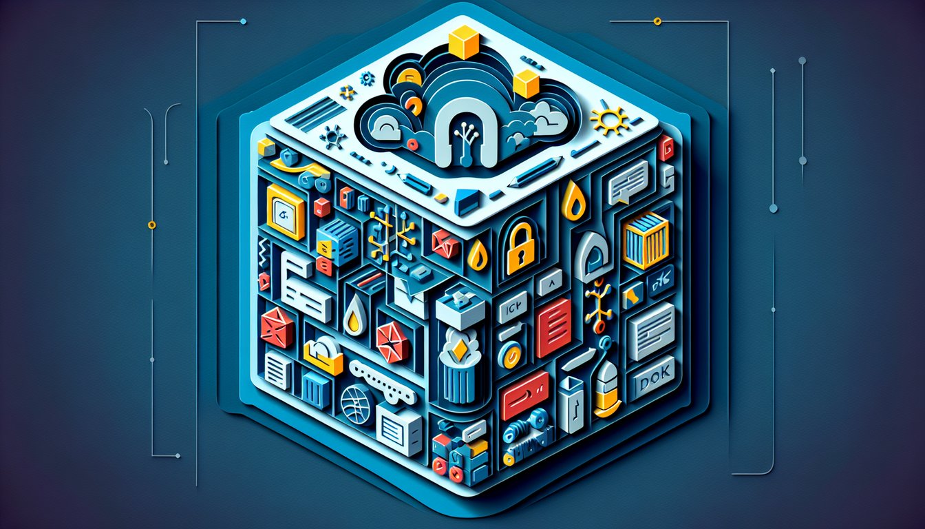 Paper art illustration of Docker container puzzle pieces quiz icons on dark blue background