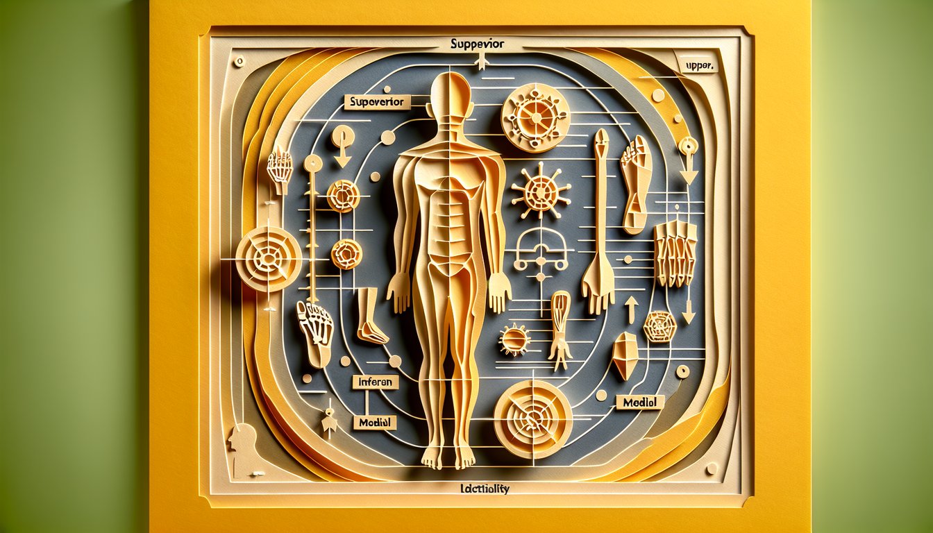 paper art human silhouette with arrows pointing superior inferior medial on golden yellow background
