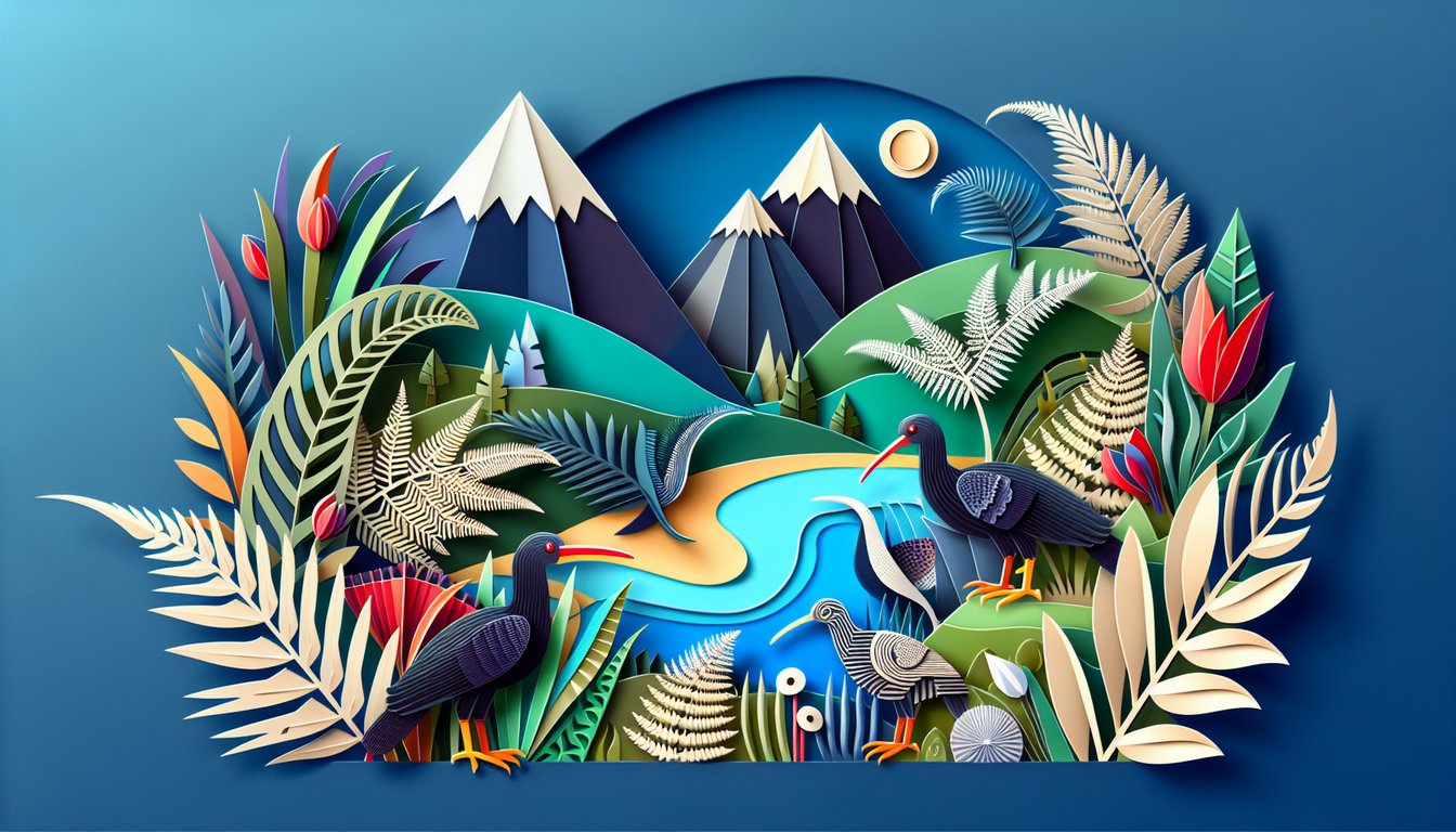 Colorful paper art showcasing elements related to New Zealand Trivia Quiz.