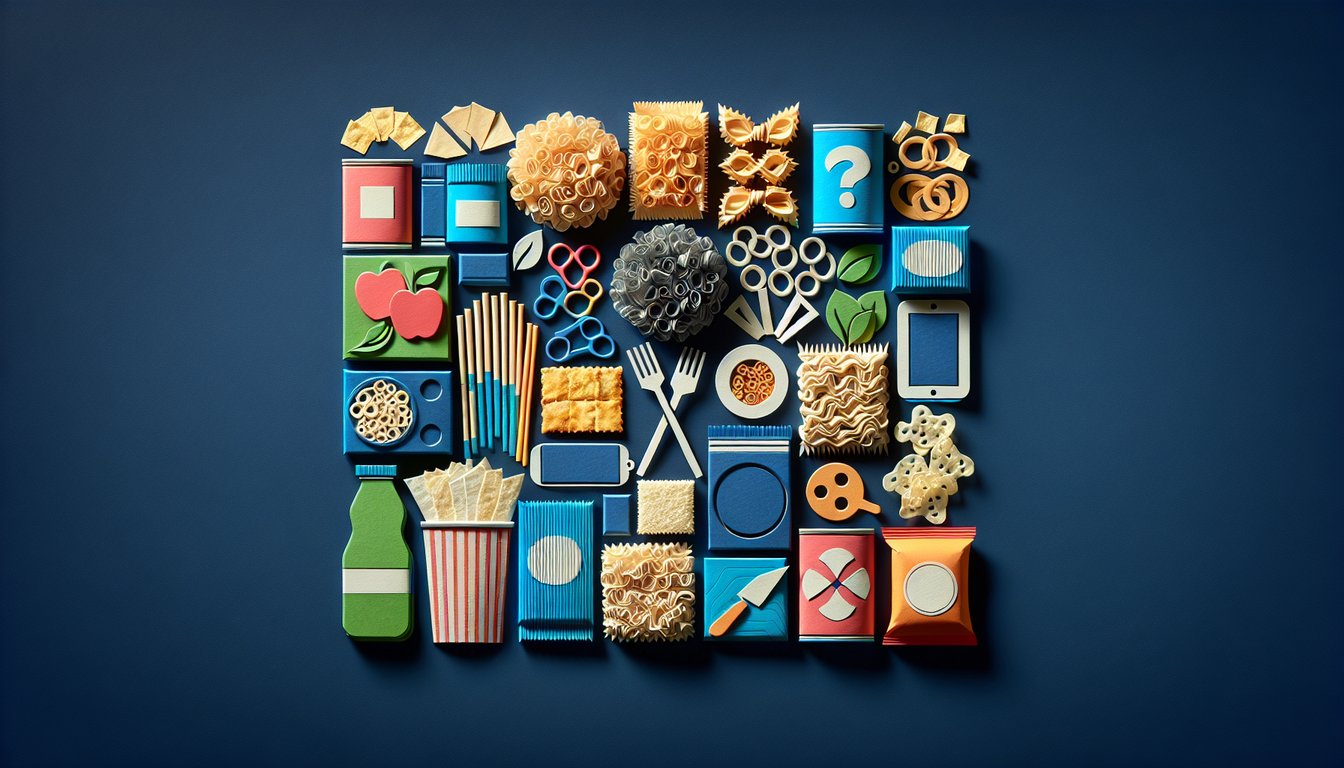 Colorful paper art displaying various processed foods for a knowledge quiz.