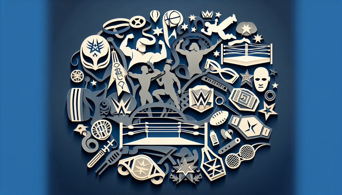 Paper art illustration of wrestling ring, belt, star icons, text free wrestling trivia quiz over dark blue background