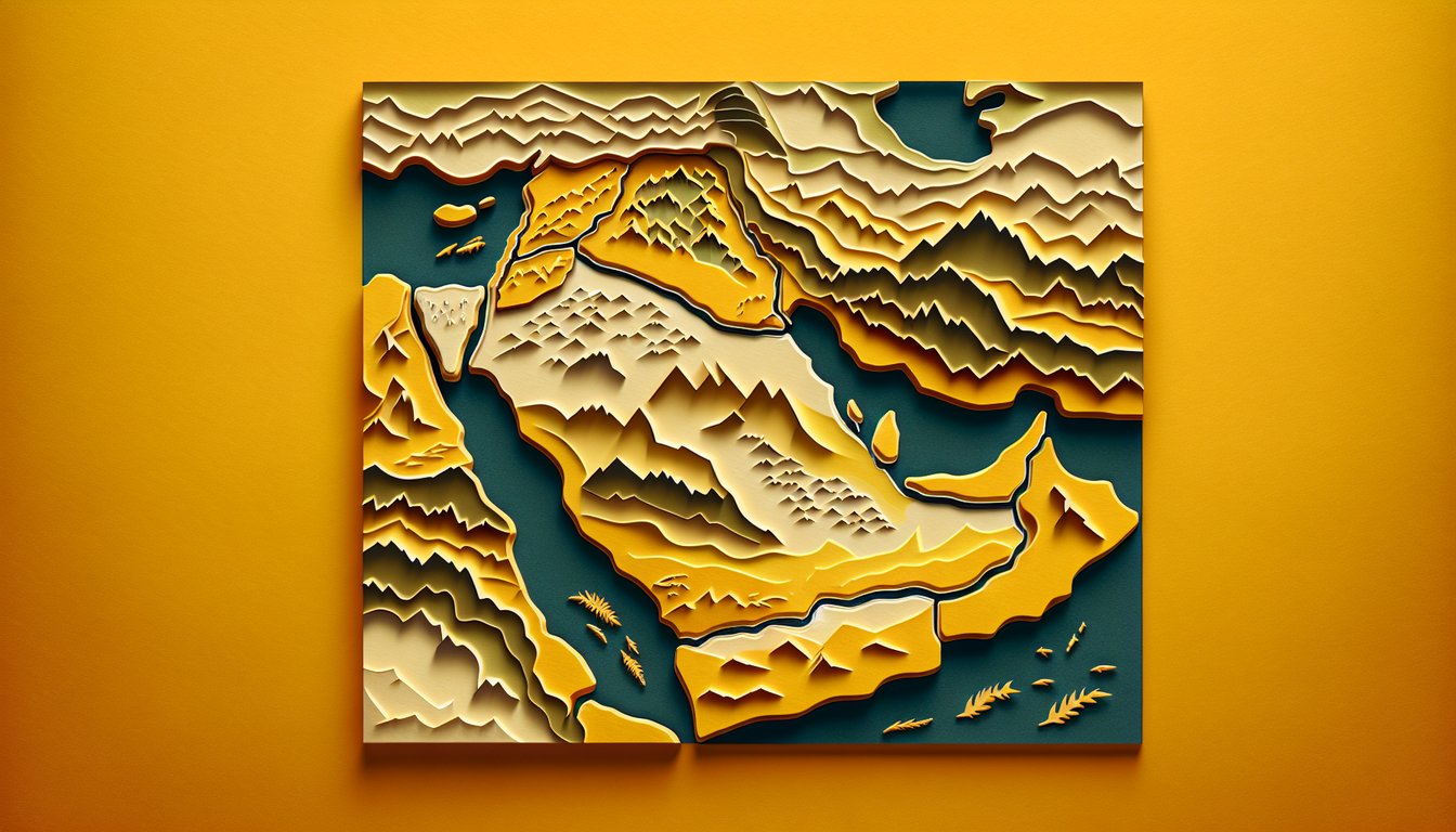 Paper art map of Middle East terrain mountains, rivers, deserts on golden yellow background for physical geography quiz
