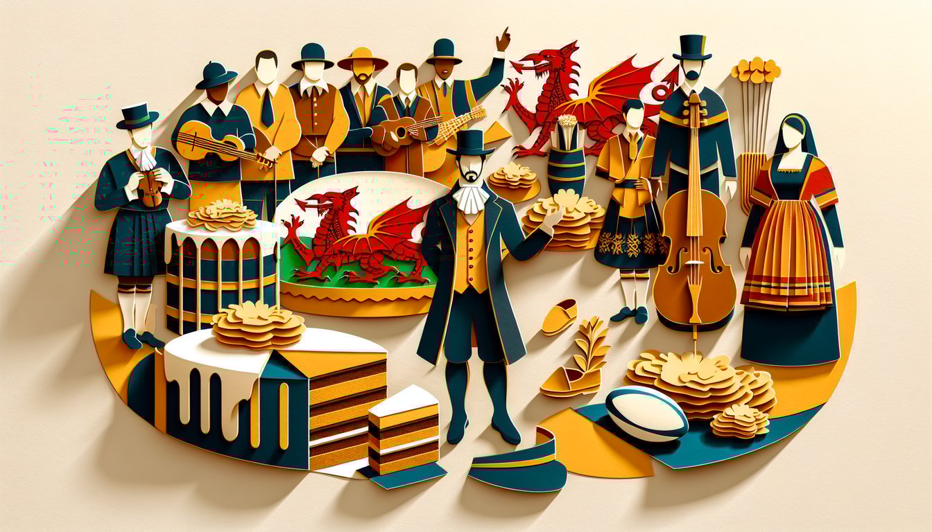 Paper art cutout Wales map daffodils leeks red dragon quiz icons on golden yellow background